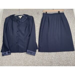 Vintage Talbots Navy Blue Beaded Collar Skirt Suit Set 2 Pc Blazer Skirt Sz 8